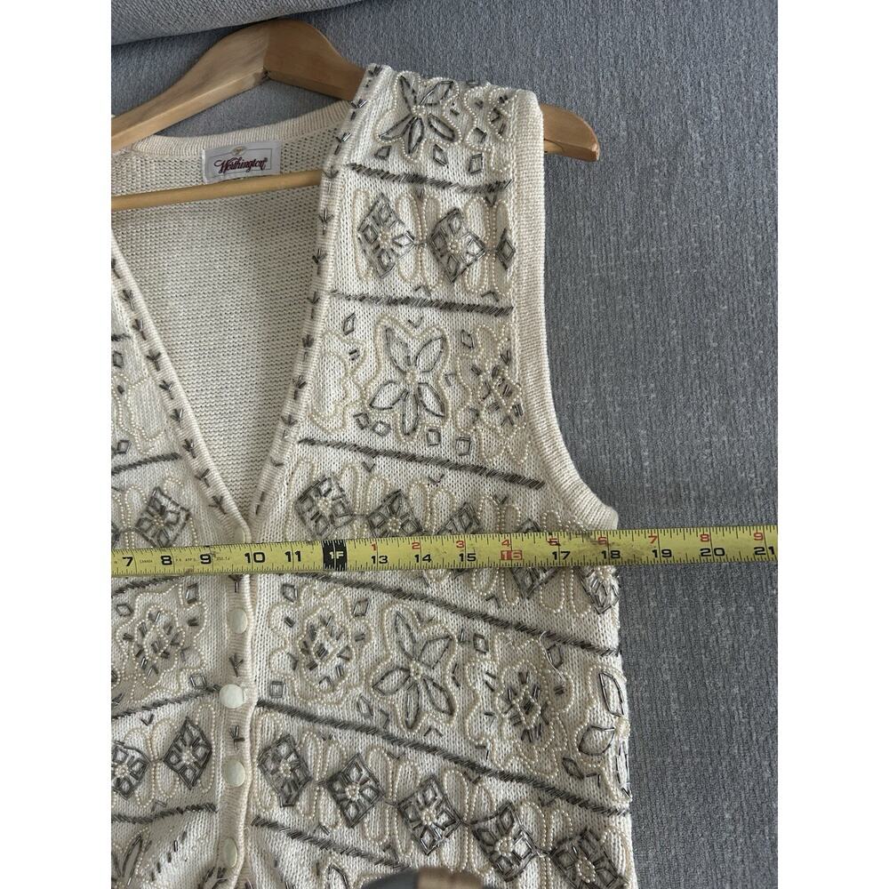 Vtg Cream Sweater Vest Beads Embroidered Flowers Grandma M/L - Picture 8 of 11